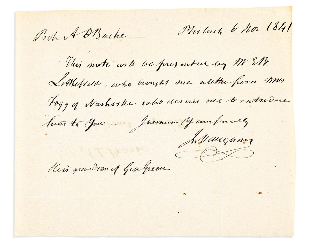 (BUSINESS.) VAUGHAN, JOHN. Autograph Letter Signed, JnVaughan, to physicist Alexander Dallas Bache, letter of introduction for E.B. L